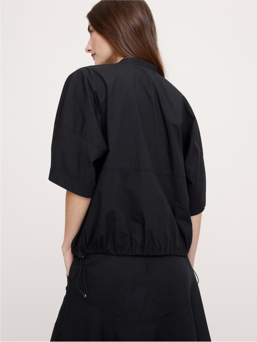 Women’s Short Sleeve Drawstring Jacket Top in Black - Picture 3 of 8